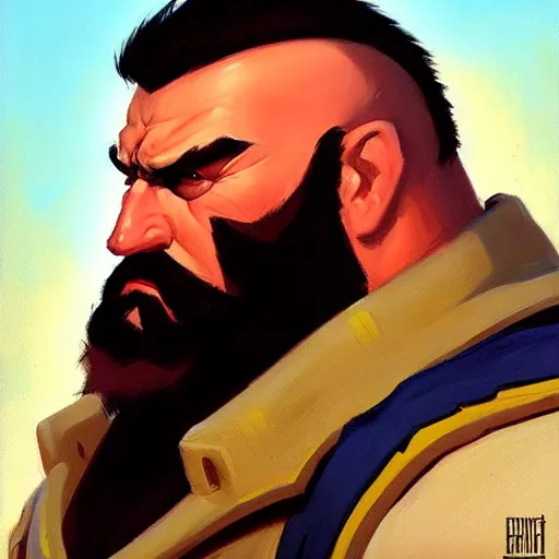 Image similar to Greg Manchess portrait painting of Zangief as Overwatch character, medium shot, asymmetrical, profile picture, Organic Painting, sunny day, Matte Painting, bold shapes, hard edges, street art, trending on artstation, by Huang Guangjian and Gil Elvgren and Sachin Teng