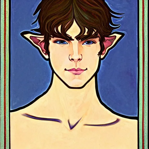 Prompt: painting of handsome beautiful paladin elf! man with long wavy dark hair and blue eyes in his 2 0 s named shadow taehyung at the cucumber soup party, wearing armor!, elegant, clear, painting, stylized, delicate face, soft facial features, art, art by alphonse mucha, vincent van gogh, egon schiele,