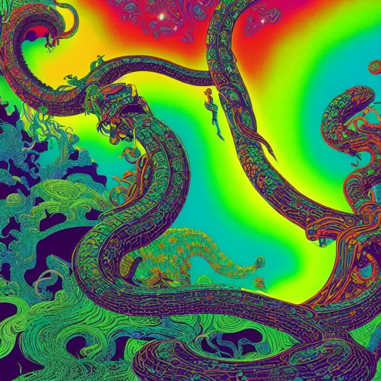 Image similar to cosmic serpent, infinite fractal worlds, bright neon colors, highly detailed, cinematic, eyvind earle, tim white, philippe druillet, roger dean, lisa frank, aubrey beardsley, hiroo isono