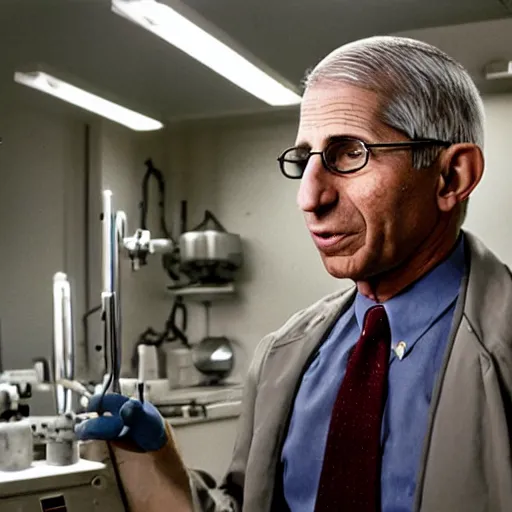 Prompt: dr. Anthony Fauci as Hoggle working in a labyrinth laboratory. Photograph from movie.