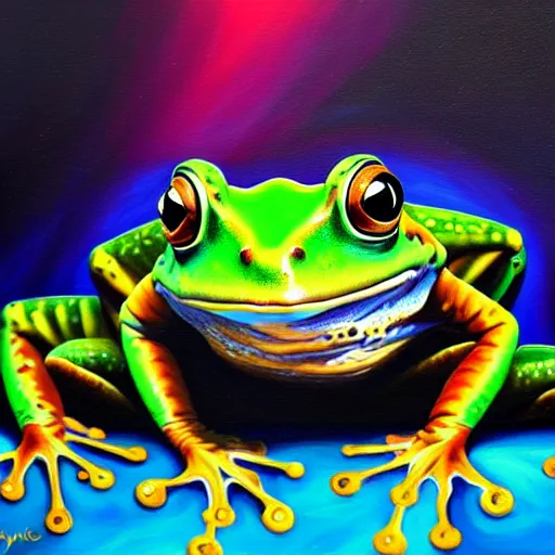 Image similar to vr painting of abstract surrealist frog by yvonne mcgillivray by mandy jurgens by michael divine, powerful eyes glowing highly detailed painting, spiritual abstract forms, symmetrical, trending on art station, abstract emotional, very beautiful, fantasy digital art, highly detailed patterned visionary art, magic symbols, by michael divine, cosmic nebula, black gold color scheme