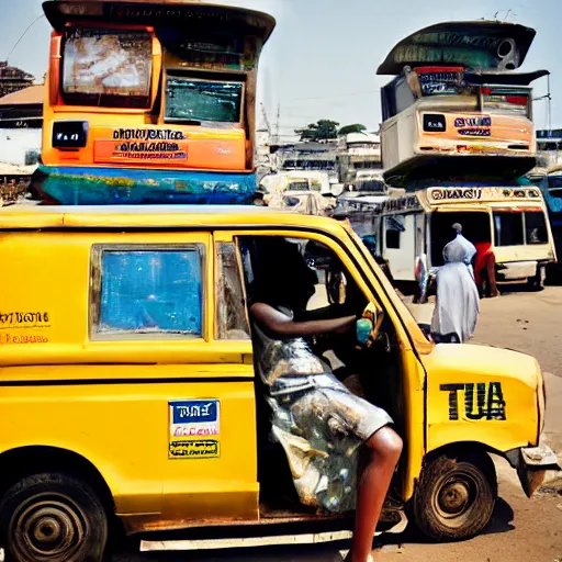 Image similar to old polaroids of futuristic african mobile market places in lagos traffic, side of taxi as fruit stand, digital advertising screens