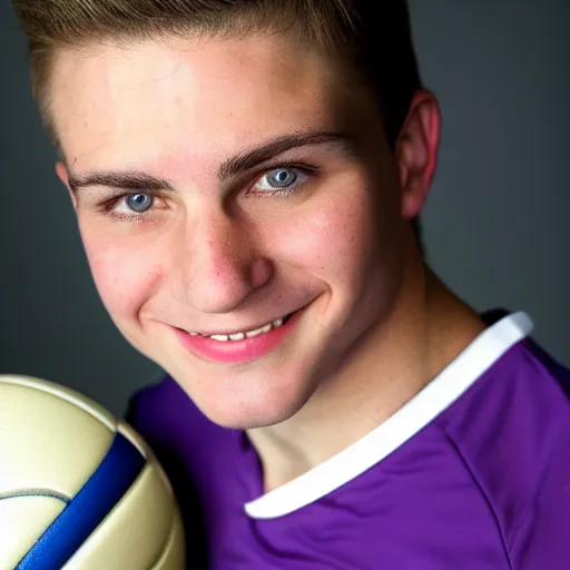 Image similar to photographic portrait by Annie Leibovitz of a young white male smiling with short brown hair that sticks up in the front, dark eyes, groomed eyebrows, tapered hairline, sharp jawline, wearing a purple white volleyball jersey, sigma 85mm f/1.4, 15mm, 35mm, 4k, high resolution, 4k, 8k, hd, full color