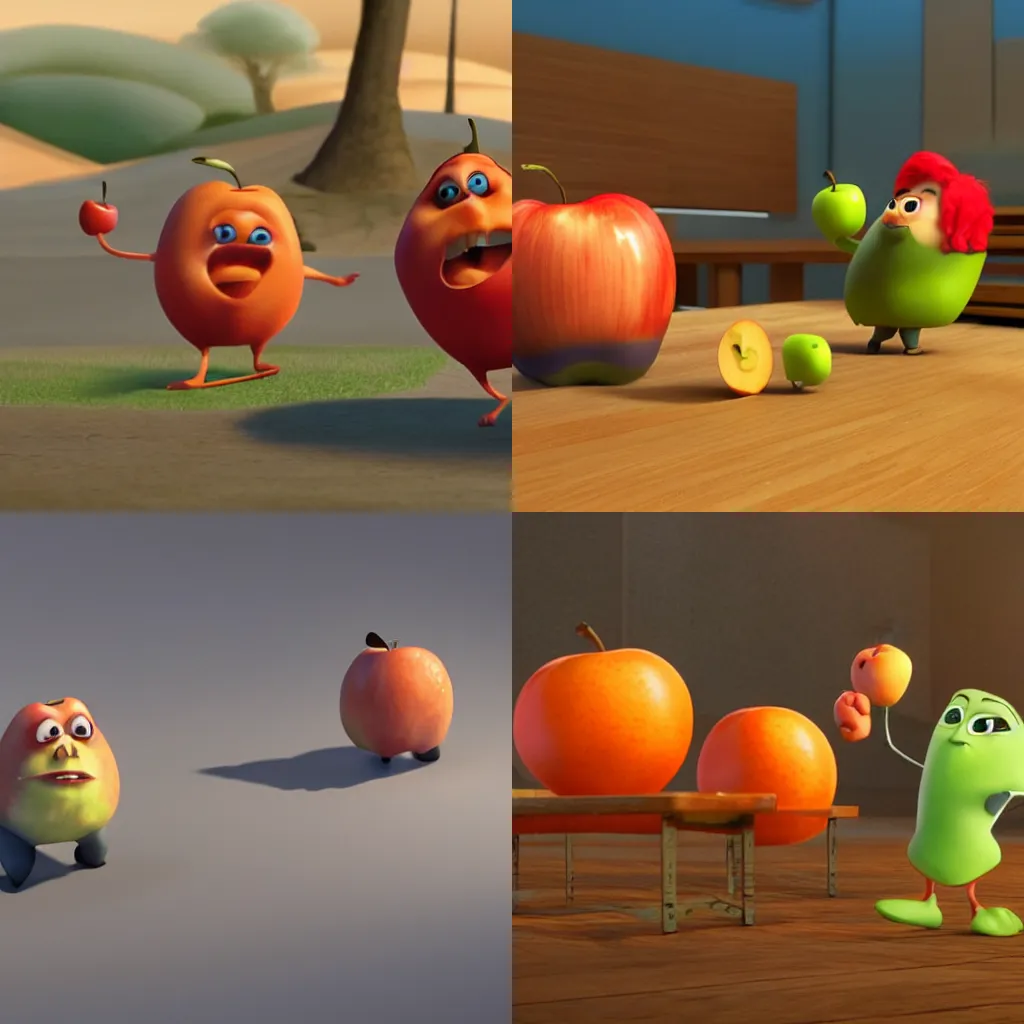 Prompt: An Apple and an Orange duelling with pistols at dawn, Pixar style 3D animation.