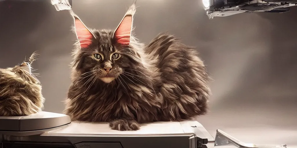 Prompt: a 3 d rendered movie still a robotic maine coon cat scanner. a cat scan. science fiction blockbuster movie from the future, imax 7 0 mm. the mandalorian ( american space western television series )