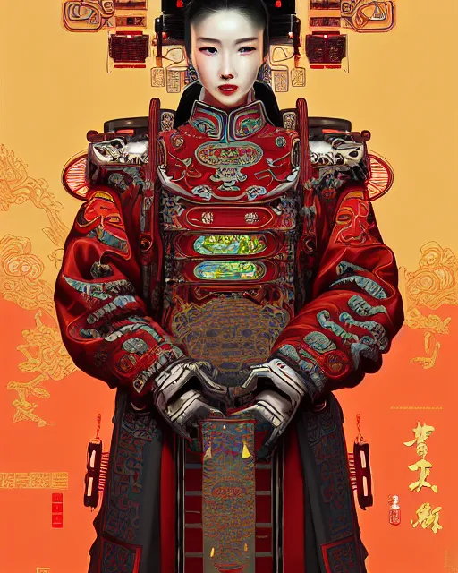 Image similar to portrait of a chinese cyberpunk machine, machine face, robed, upper half portrait, decorated with chinese opera motifs regal royal fierce machine robot cyberpunk fine china, wuxia, traditional chinese art intricate intense elegant highly detailed digital painting artstation concept art smooth sharp focus illustration, art by artgerm and greg rutkowski alphonse mucha 8 k