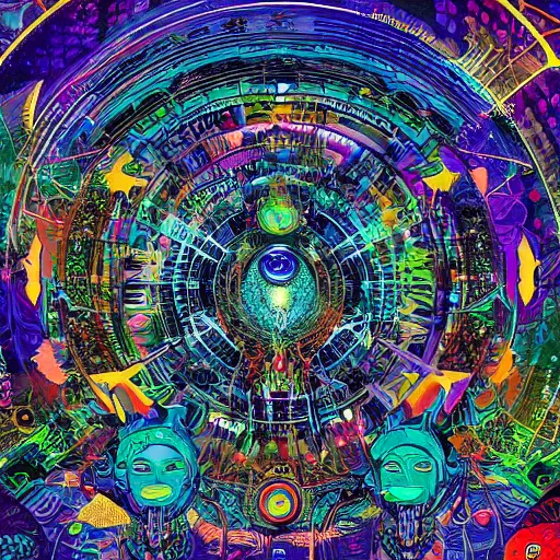 Image similar to techno earth plaza with a divine jungle of deities and peoples living together in harmony created by android jones, vector painted by pablo amaringo