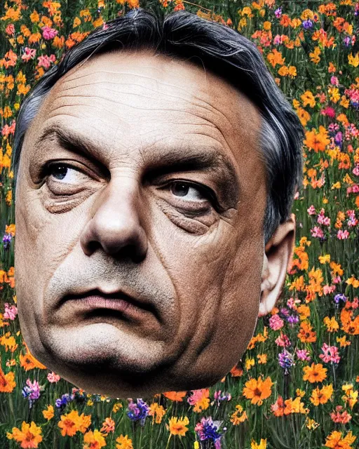 Image similar to viktor orban's face, made of wildflowers, in the style of the dutch masters and gregory crewdson, dark and moody