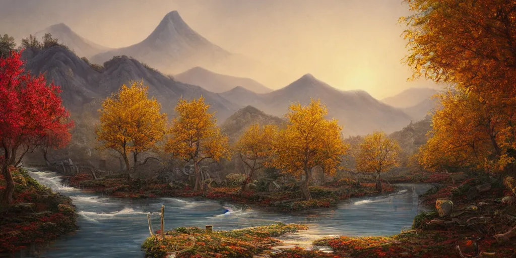 Prompt: painting of a FANTASY winery in BEIJING autumn, with a river winding through them. In the distance, there are mountains. by bob ross, Albert Bierstadt, immaculate scale, hyper-realistic, trending on Artstation, 8k, detailed, atmospheric, immaculate