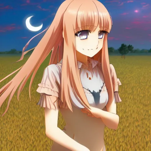 Image similar to anime illustration of Holo from Spice and Wolf standing in a wheat field at sunset, Holo if a wolf girl, high detail, trending on artstation