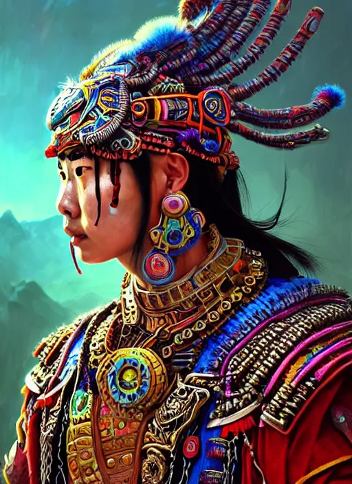 Image similar to portrait of yang yang, hyper detailed ultra sharp aztec shaman warrior. trending on artstation, warpaint aesthetic, bloodwave, colorful, psychedelic, ornate, intricate, digital painting, concept art, smooth, sharp focus, illustration, art by artgerm and greg rutkowski and h. r. giger, 8 k