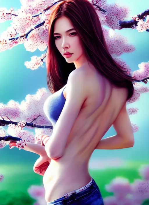 Image similar to photo of a gorgeous female in the style of stefan kostic, realistic, half body shot, sharp focus, 8 k high definition, insanely detailed, intricate, elegant, art by stanley lau and artgerm, extreme blur cherry blossoms background