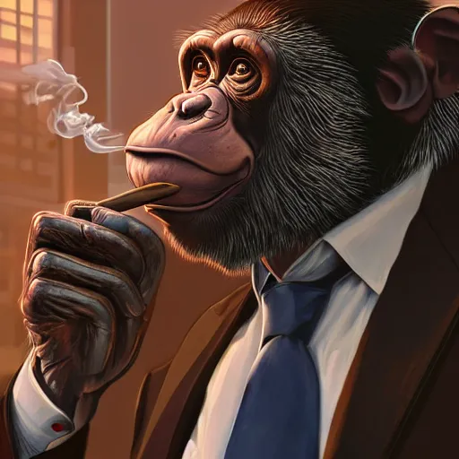 Image similar to a chimp wearing a suit smoking a cigar, dramatic lighting, cinematic, establishing shot, extremly high detail, photorealistic, cinematic lighting, artstation, style by James Gurney