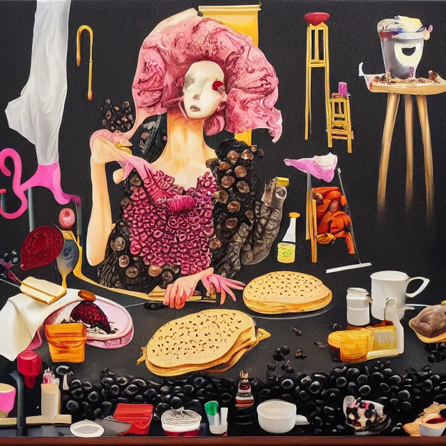 Image similar to a portrait in a female art student's bedroom, black walls, a woman sitting on a bed made of pancakes, honey dripping, berries dripping, chocolate, surgical supplies, ikebana, octopus, neo - expressionism, surrealism, acrylic and spray paint and oilstick on canvas