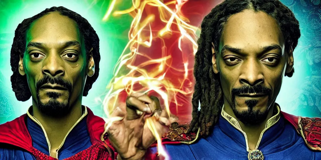 Image similar to snoop dogg as the doctor strange, marijuana leaves, green light, highly detailed, marvel cinematic universe, mcu, photo