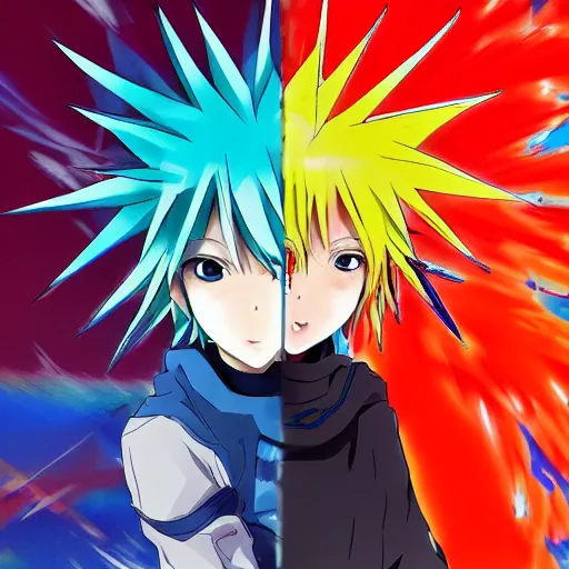 Image similar to orange - haired anime boy, 1 7 - year - old anime boy with wild spiky hair, wearing blue jacket, running past colorful building, red - yellow - blue colored building, turquoise aquamarine windows, strong lighting, strong shadows, vivid hues, ultra - realistic, sharp details, subsurface scattering, intricate details, hd anime, 2 0 1 9 anime