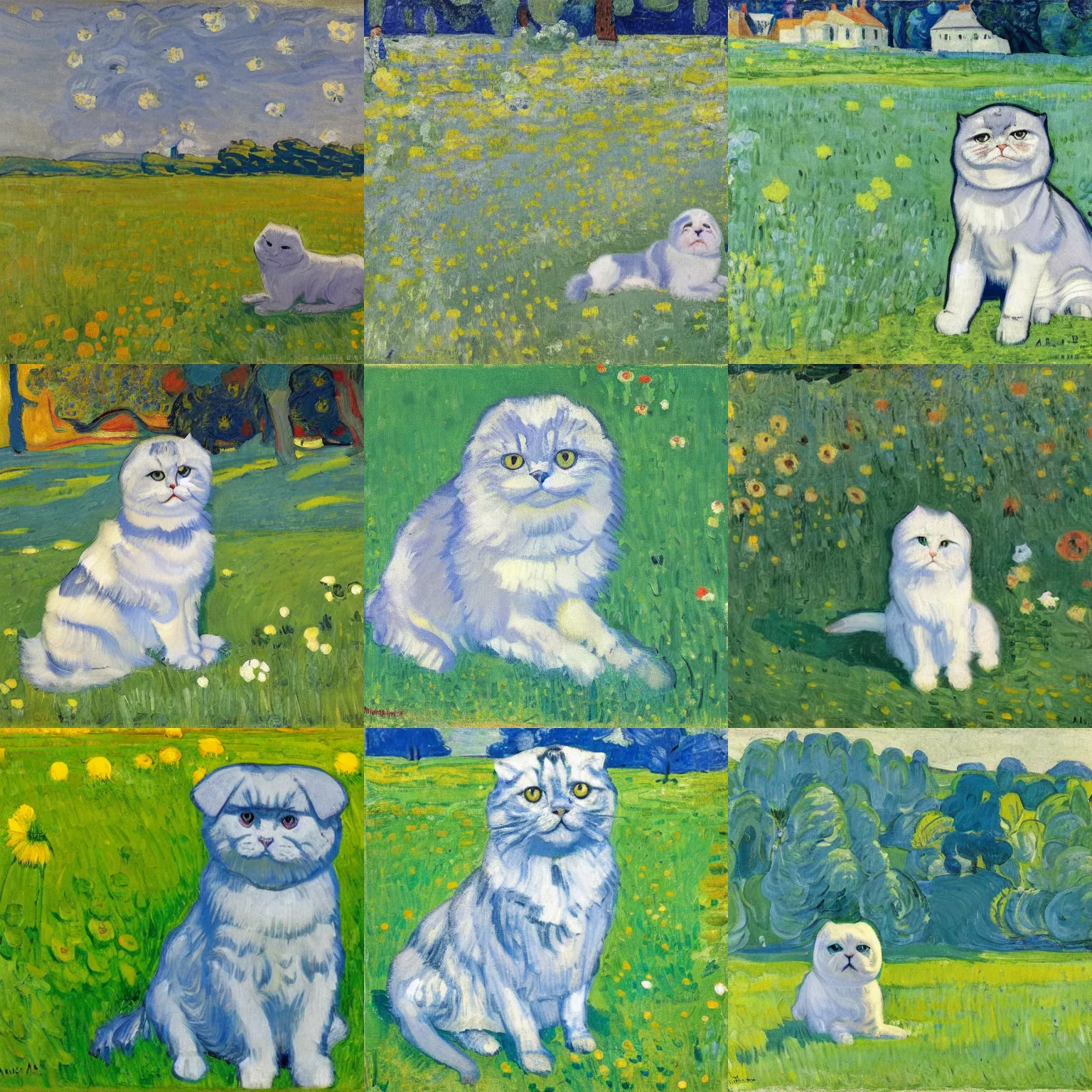 Prompt: a gray scottish fold sitting in the middle of sunny meadow, by cuno amiet