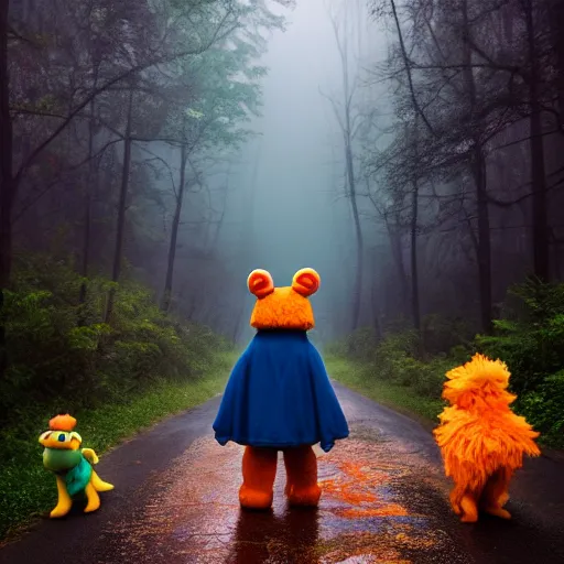 Image similar to a large orange kitsune muppet wearing a dark hooded cloak and herding a bunch of random muppet animals following behind through a dark foreboding misty blue forest, sesame street, photograph, photography, ultrarealistic, national geographic