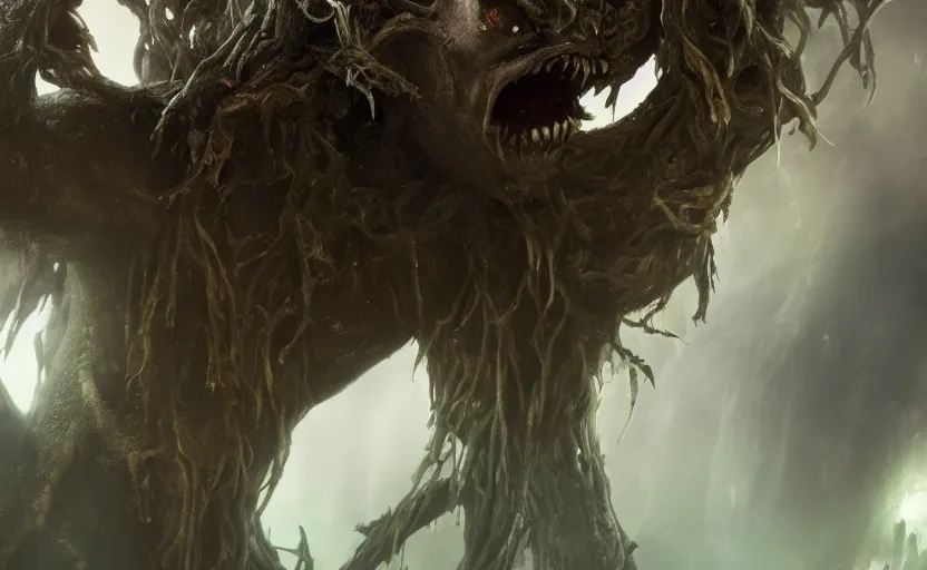 Image similar to ori and the olw, the underworld, or the great willow, was a place of a mid - size and great terror filled with a wide range of beings, including spirits, the undead, humanoids and savage guardians., close up bokeh hiperrealistic, high detailled, darkness dramatic, sharp focus, octane render, imax