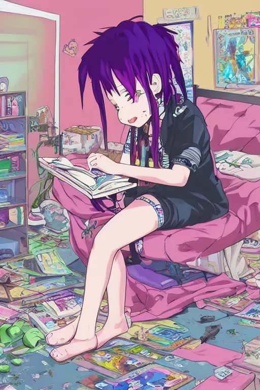 Prompt: concept art painting of a chibi anime cybergoth girl with pink dreads on the floor reading a book in a cluttered 9 0 s bedroom, chibi anime, artgerm, inio asano, toon shading, cel shading, calm, tranquil, vaporwave colors,