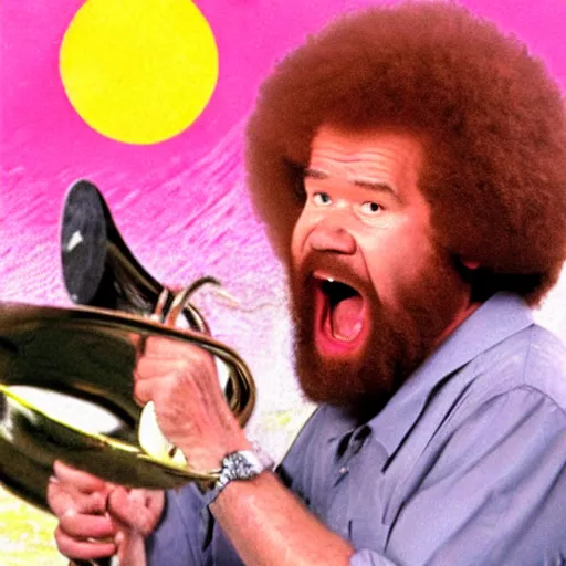 Image similar to bob ross screaming at a giant pink tuba