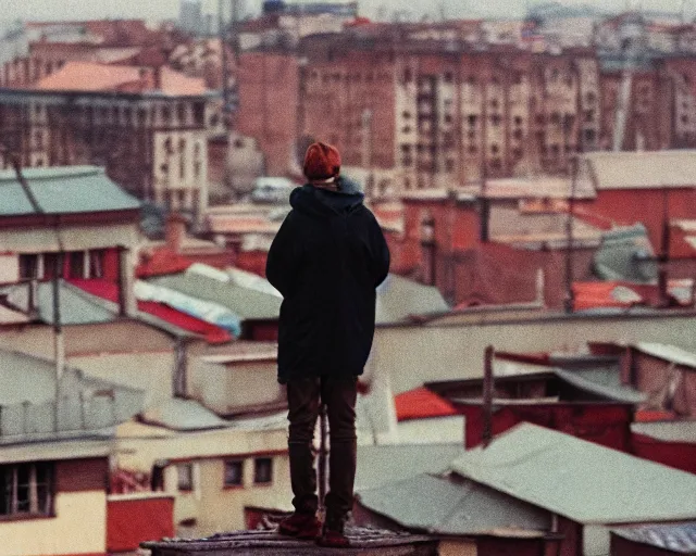 Image similar to lomo photo of man standing on the roof of soviet hrushevka, small town, cinestill, bokeh, out of focus