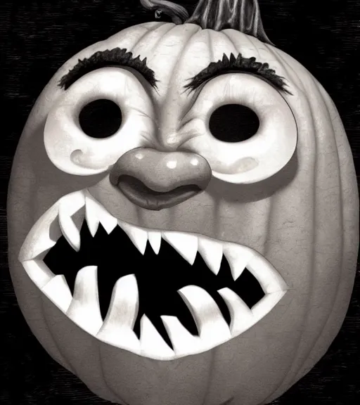 Image similar to a tim burton illustration of a horrifying carved pumpkin face, fat, laughing menacingly, cartoony facial expression, intricate detail, creepy lighting, 4 k artstation, masterpiece