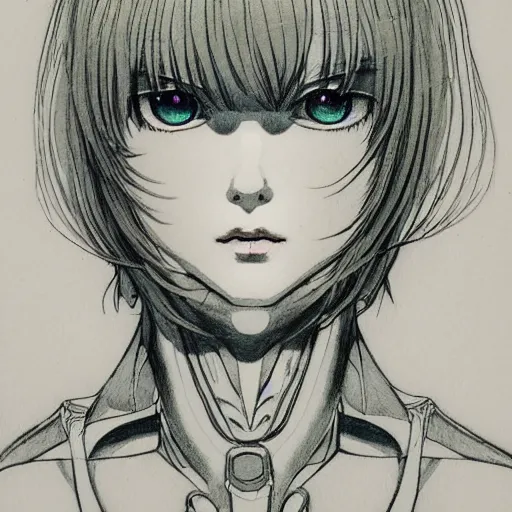 Prompt: prompt: Fragile looking soft light portrait face drawn by Katsuhiro Otomo, inspired by Ghost in Shell anime, magical and alchemical objects on the side, soft light, monochrome background, intricate detail, intricate ink painting detail, sharp high detail, manga and anime 2000