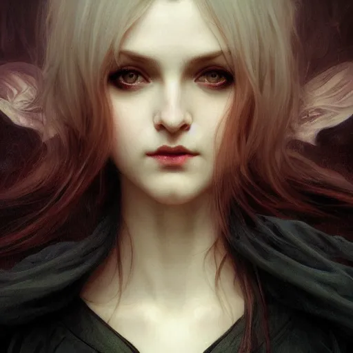 Image similar to Portrait of beautiful pale goth girl, cinematic lighting, intricate, elegant, highly detailed, digital painting, artstation, smooth, sharp focus, illustration, art by artgerm and greg rutkowski and alphonse mucha and Wayne Barlowe and william-adolphe bouguereau