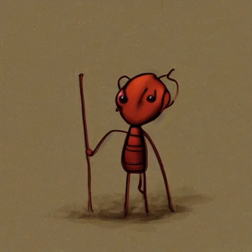 Prompt: cartoon ant with a sad, depressed expression holding a bindle