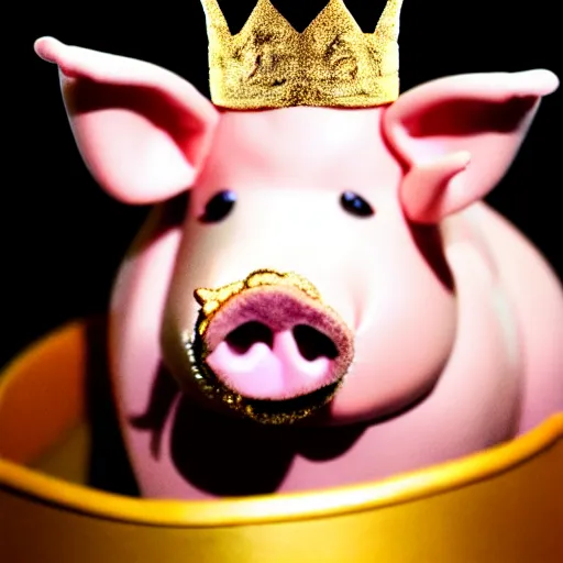 Image similar to !dream studio photograph of a pig wearing a gold crown eating bacon depicted as a muppet