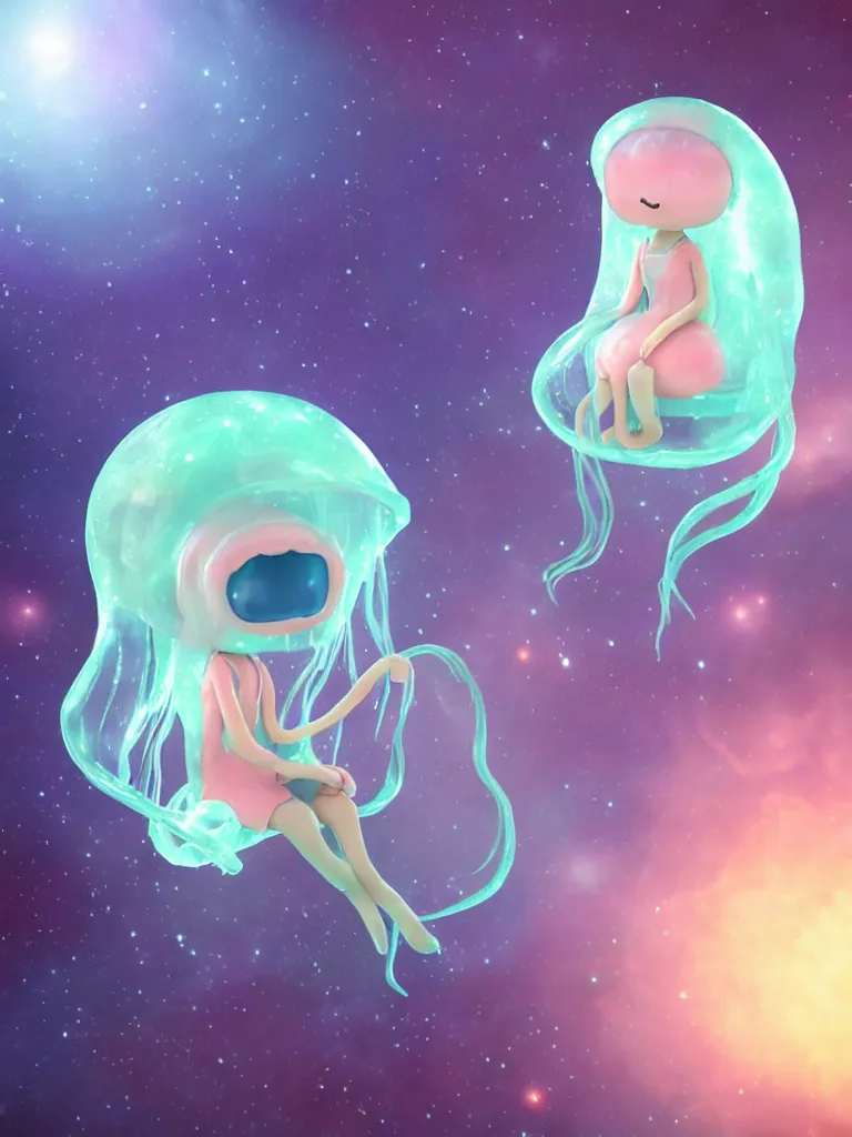 Image similar to cute fumo plush alien jellyfish girl sitting on a small island floating in the dark galactic abyss, vignette, vray