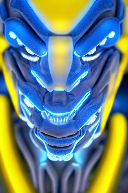 Image similar to hyperrealistic close-up blue glowy exoskeleton!! chinese man covered highly detailed concept art eric zener elson peter cinematic side soft yellow light low angle hd 8k sharp shallow depth of field