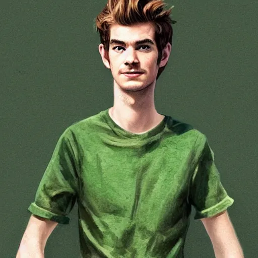 Prompt: Andrew Garfield as peter pan,brown eyes,green shirt,detailed, 8k hd,by rossdraws and greg rutkowski,in the style of a Instagram profile picture