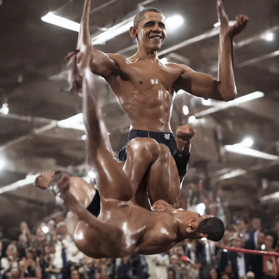 Prompt: award - winning photograph of barack obama!!!!!!! as a wrestler, singular, one detailed body, promotional picture, very highly detailed, cinematic lighting, spotlights, muscular, photo, sharp, clear