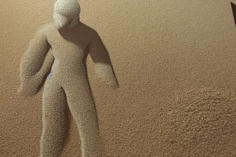 Prompt: a scene depicting a big mountain of sand, a character wearing a diy suit made from foam, pointillism, super detailed, soft light