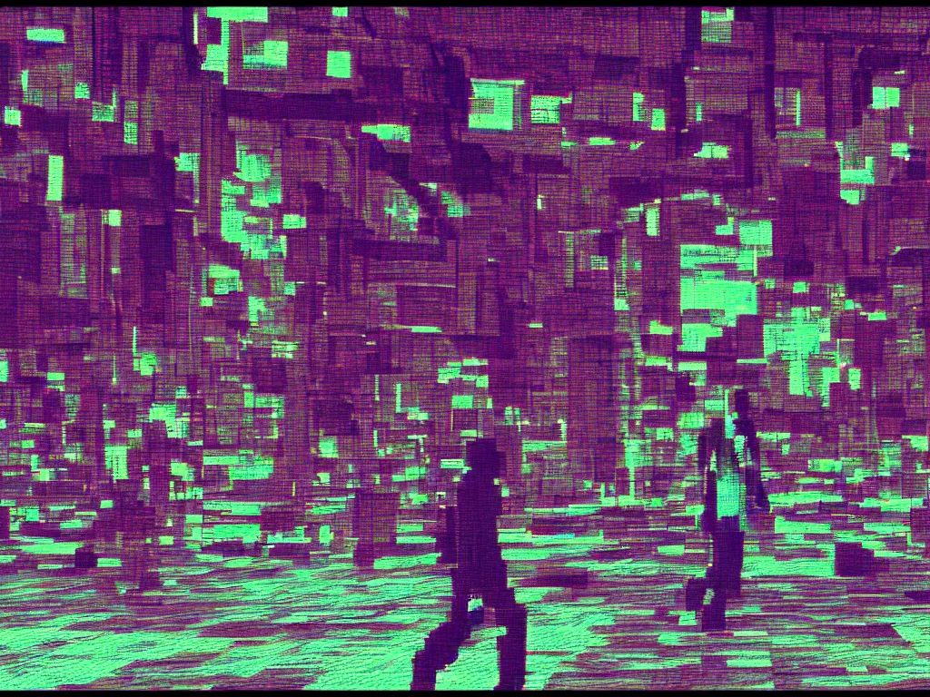 Image similar to vaporwave glitchy corrupt jpeg of a man walking in PS1 game city