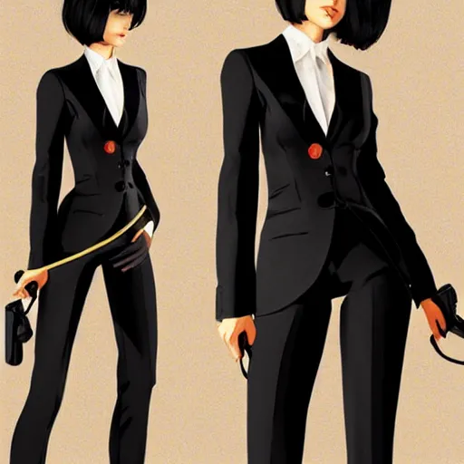 Image similar to slim girl in tuxedo with short black hair, elegant, 2d, ultra highly detailed, digital painting, smooth, sharp focus, artstation, art by Ilya Kuvshinov