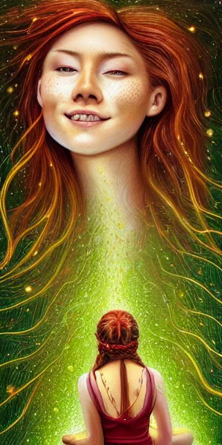 Image similar to infp young woman, smiling amazed, golden fireflies lights, sitting in the midst of nature fully covered, long loose red hair, intricate linework, bright accurate green eyes, small nose with freckles, oval shape face, realistic, expressive emotions, dramatic lights spiritual scene, hyper realistic ultrafine art by michael cheval, jessica rossier, boris vallejo