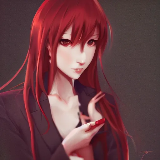 Image similar to kurisu makise, elegant, ultra highly detailed, digital painting, smooth, sharp focus, artstation, top-down shot, red background, art by Ina Wong