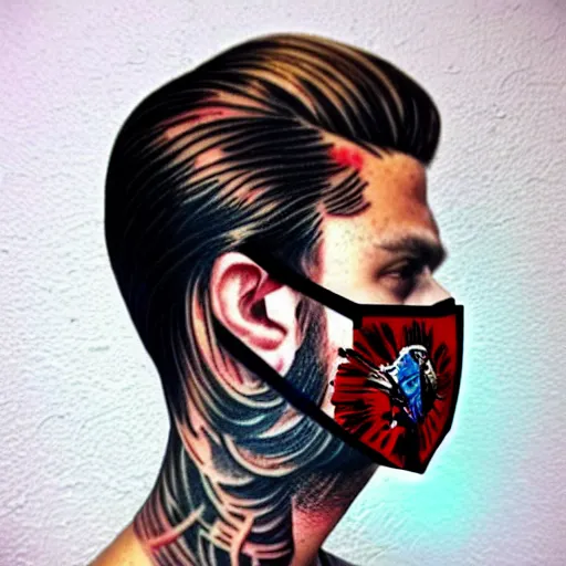 Image similar to a portrait of a man with side profile blood in ocean intricate details :: tattoo on neck :: wearing a mask by MARVEL comics and Sandra Chevrier