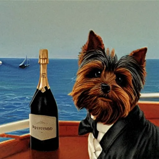 Prompt: a Yorkshire terrier on a yacht wearing a black bow tie holding a bottle of Dom Pérignon, extremely detailed masterpiece, illustration, by Michael Sowa,