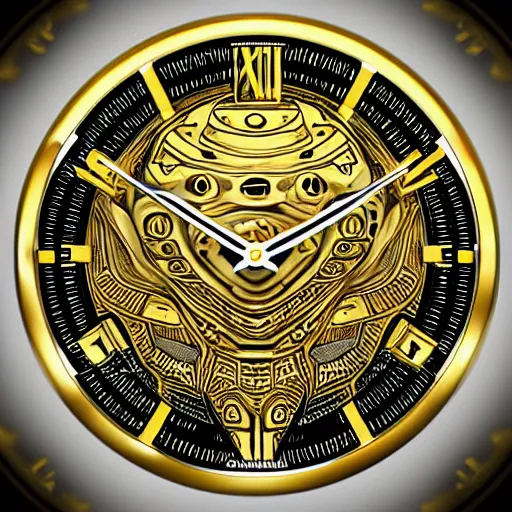 Image similar to golden intricate alien watch face, digital art