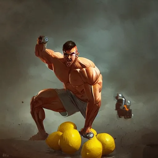 Image similar to lemon with muscular body working out by greg rutkowski