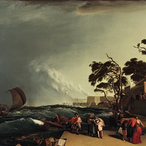 Prompt: un tsunami irrumpiendo en la ciudad por Ansel Adams y Bernardo Bellotto, óleo sobre lienzo, artstation, paisaje dramático, obra maestra, estética