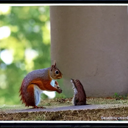 Image similar to close up of squirrel punching a blackbird, cinematographic shot,