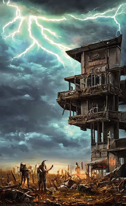 Image similar to beautiful epic painting of a uk mcdonalds in an apocalypse. thunder, lightning, fantasy art, hd, ultrawide angle,, hq. very detailed.