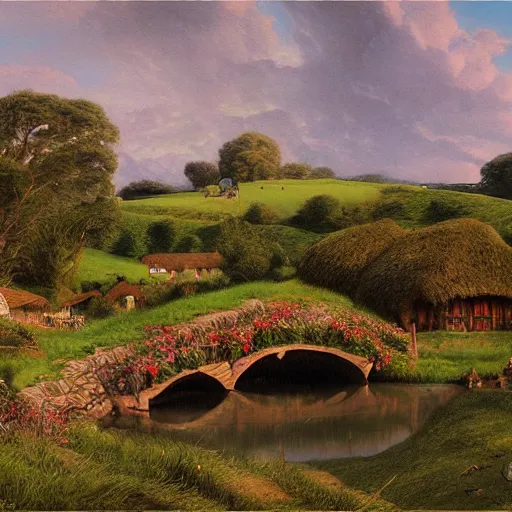 Image similar to Hobbiton by the river at the countryside in the evening, highly detailed matte painting, Alan Lee, Artstation,