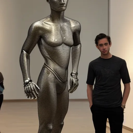 Image similar to a realistic detailed photo of a guy who is an attractive humanoid who is half robot and half humanoid, who is a male android, twitch streamer g, shiny skin, posing like a statue, blank stare, at the museum, on display