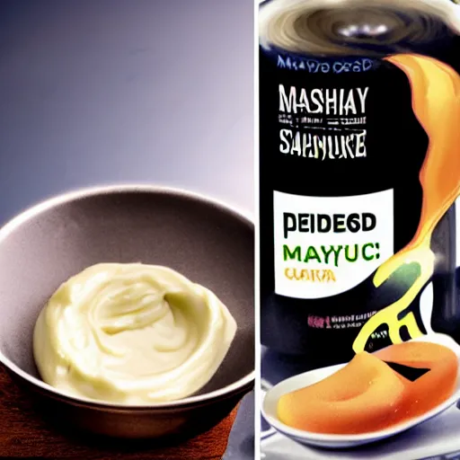 Image similar to New cyberpunk superfood called canned mayonnaise, flashy commercial from the future